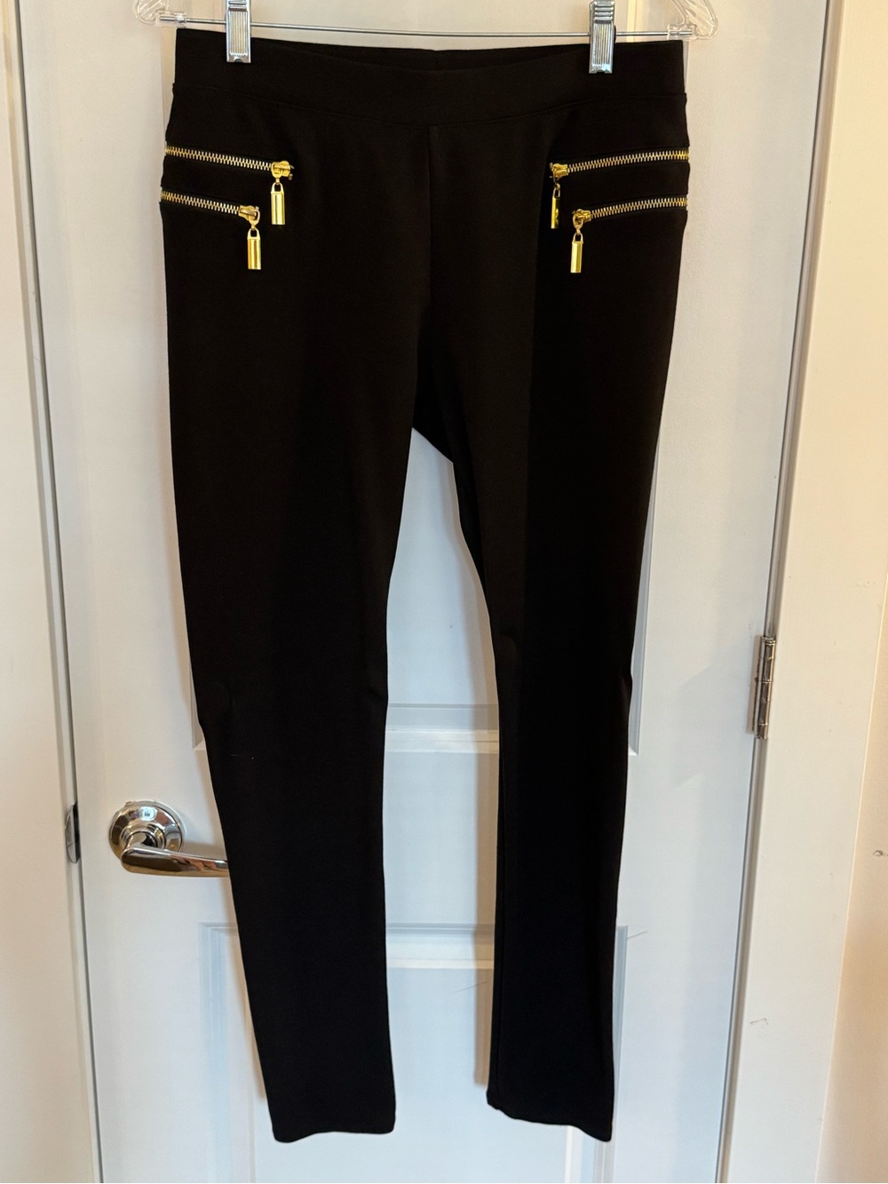 Jennifer Lopez Black Ponte Pants with Gold Zip Hardware Detail, Slim Leg, Size M